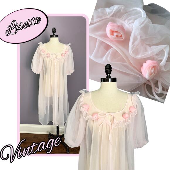 Vintage 50s 60 Pink Peignoir Rosette Lingerie Midcentury Rockabilly Small Medium